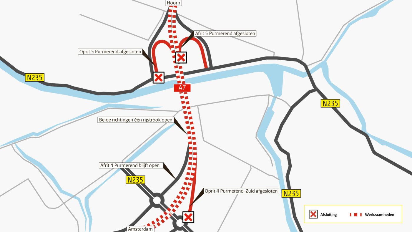 Rijstrookafsluitingen A7 bij Purmerend zorgen voor hinder en extra reistijd